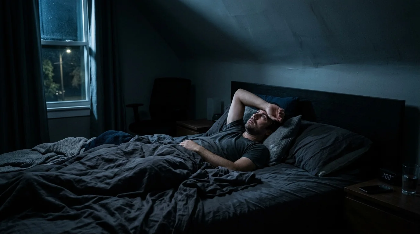 A person lying awake in bed at night, unable to fall back asleep