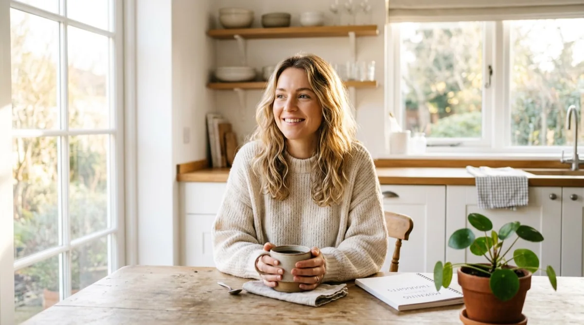 A well-rested person enjoying a calm morning coffee