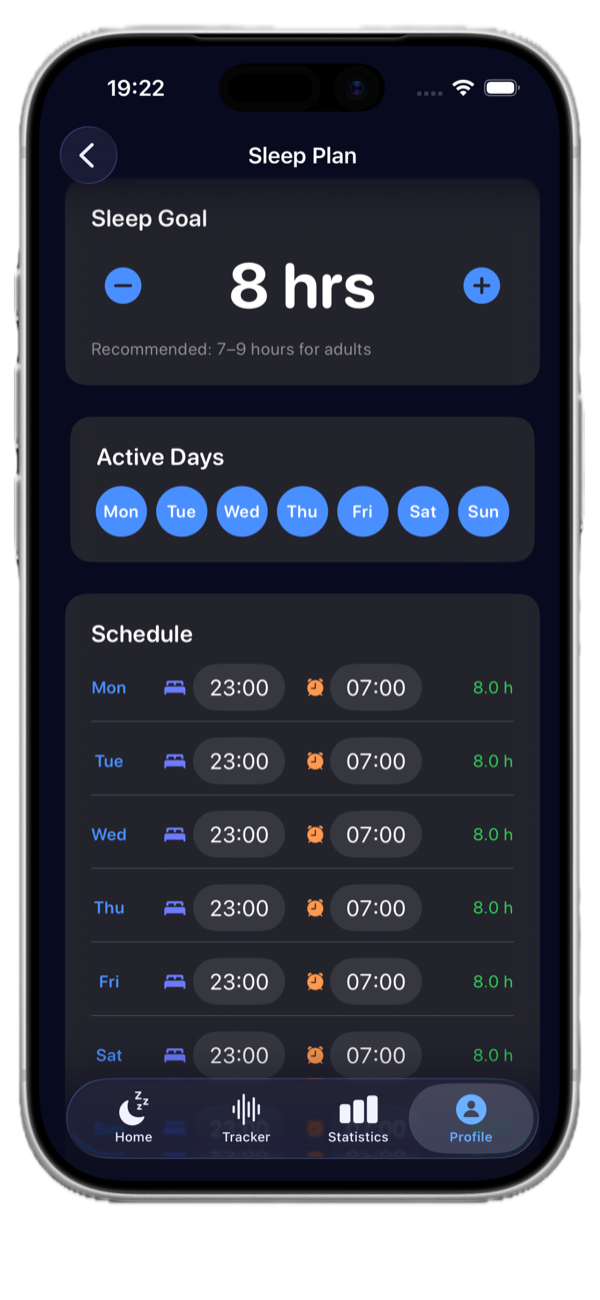 Weekly sleep plan from Monday to Sunday
