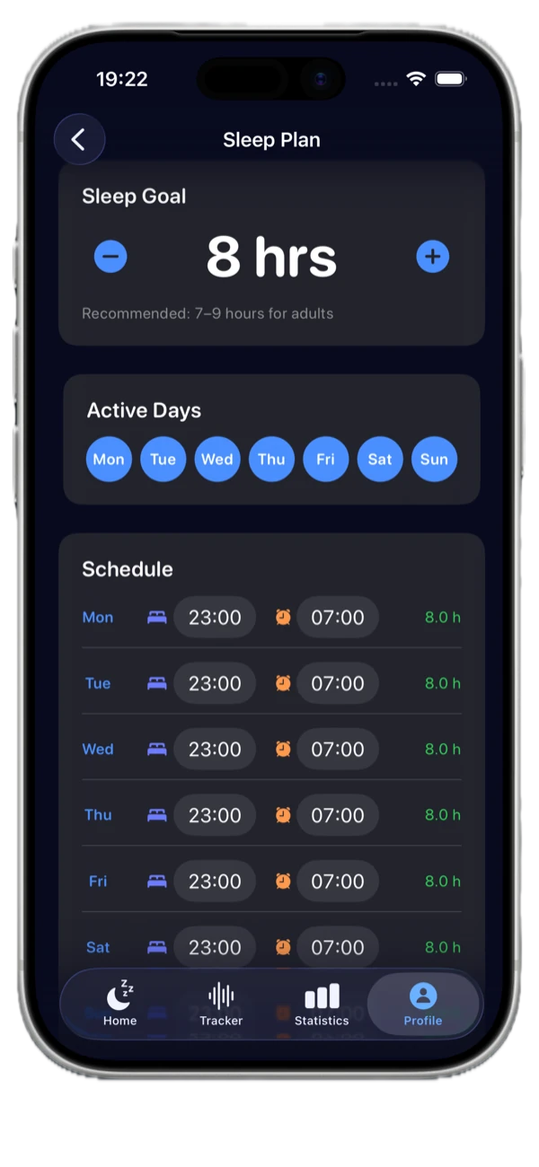 Weekly sleep plan from Monday to Sunday