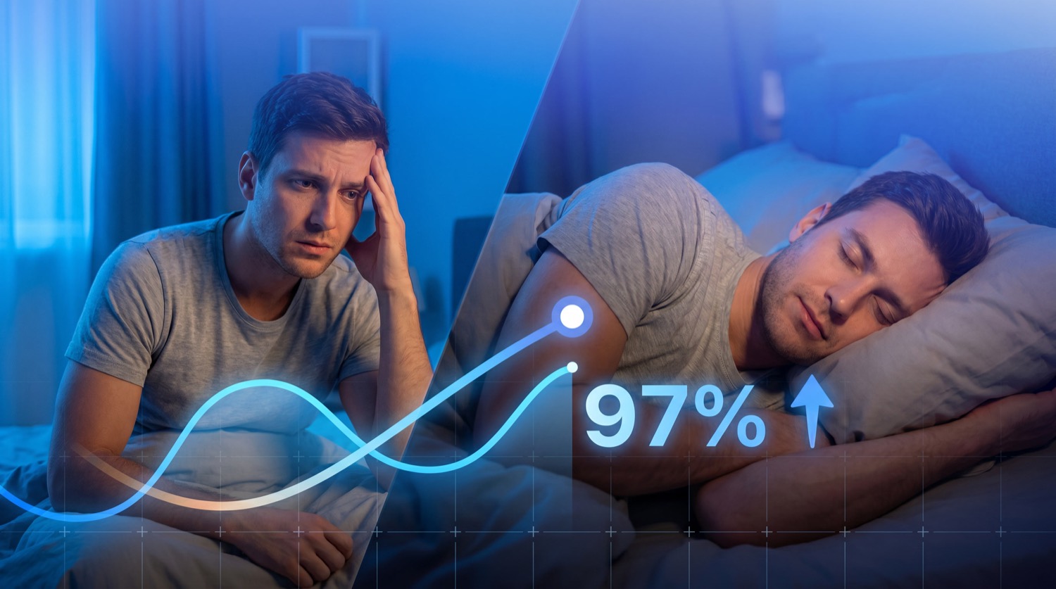A tired man on the left and a person sleeping soundly on the right with a rising 97% indicator