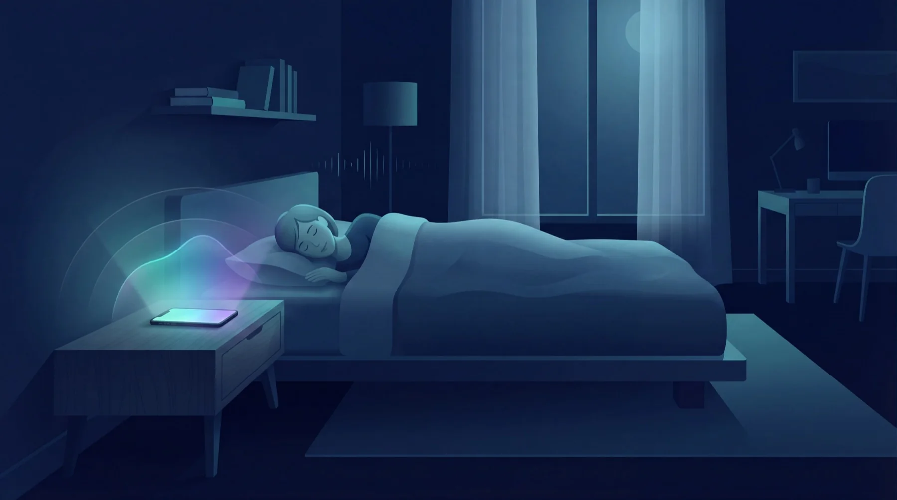 Illustration of a person asleep while their iPhone on the nightstand listens to the night