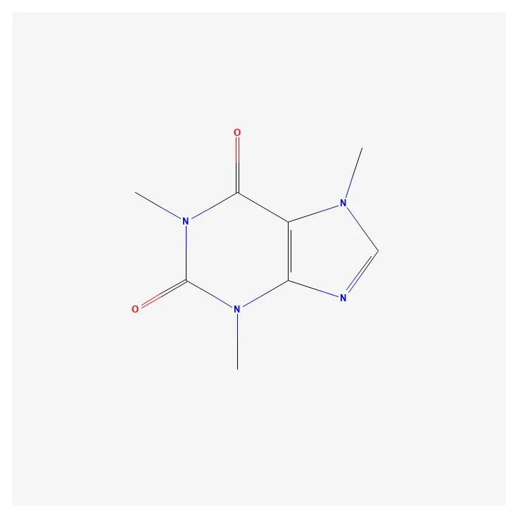 Estrutura molecular da cafeína. A molécula é a mesma no café, no chá, no refrigerante e nas bebidas energéticas: o que muda de um para outro é só quanto você bebe e a que horas.
